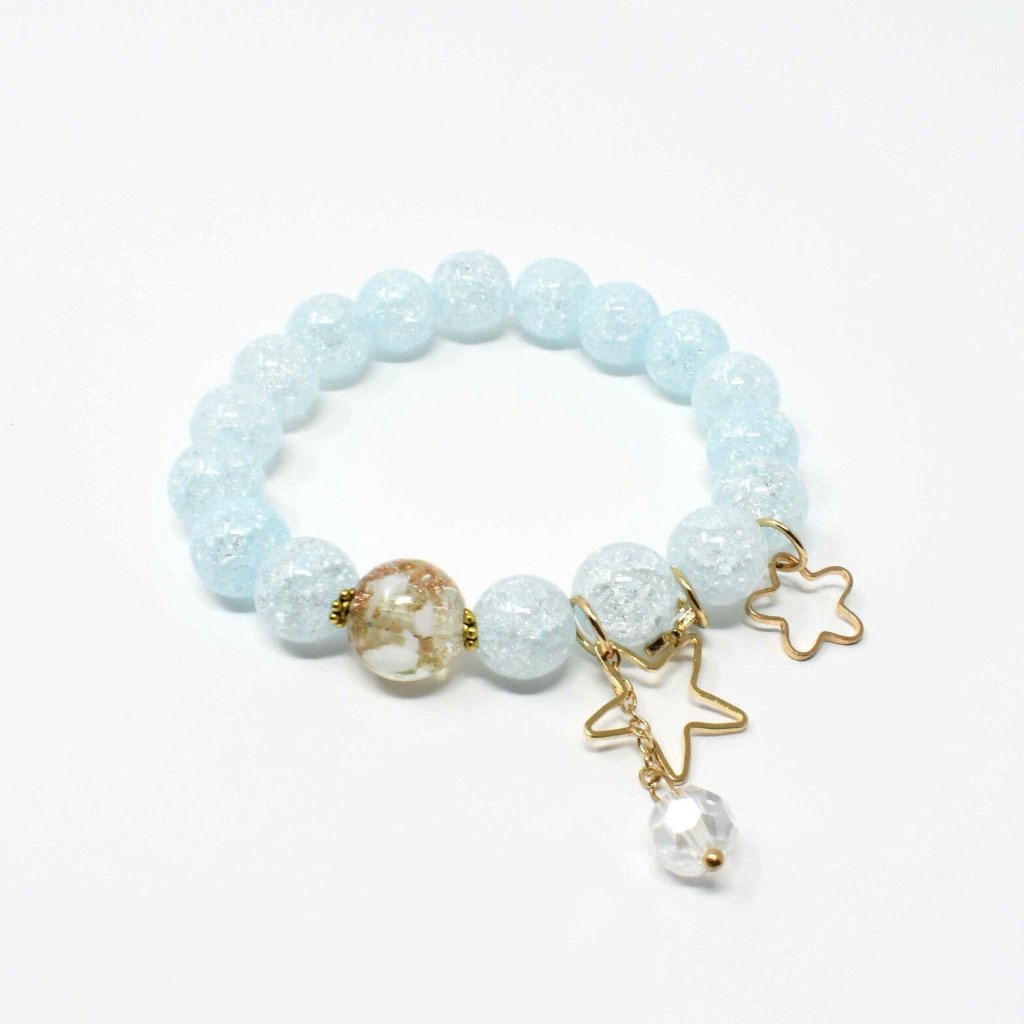 Light Blue Round Crystal Dangle Star Charm Beaded Stretch Bracelet